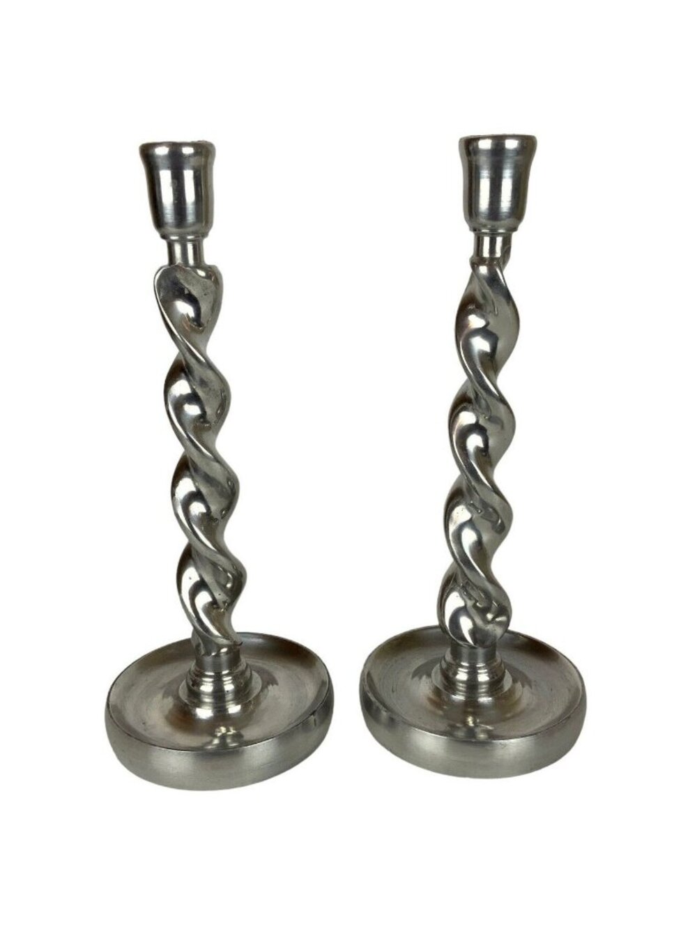 Arthur Court Barley Twist Candlesticks Holders Pair Shiny Pewter Aluminum 1987